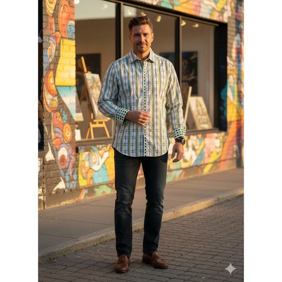 Robert Graham Mens XL Designer Wearable Art Maximalist Button Flip Cuff Shirt - Picture 2 of 13